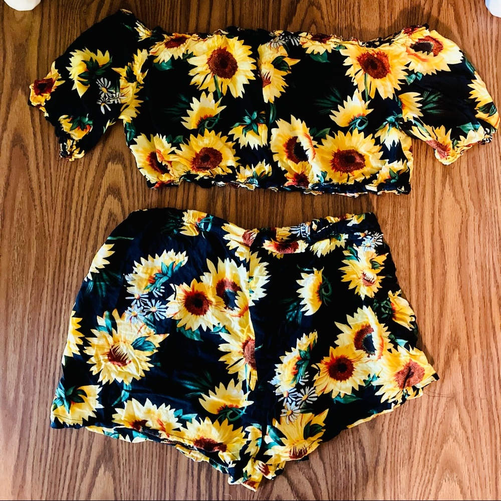 Sunflower Summer Set- off the shoulder top and shorts